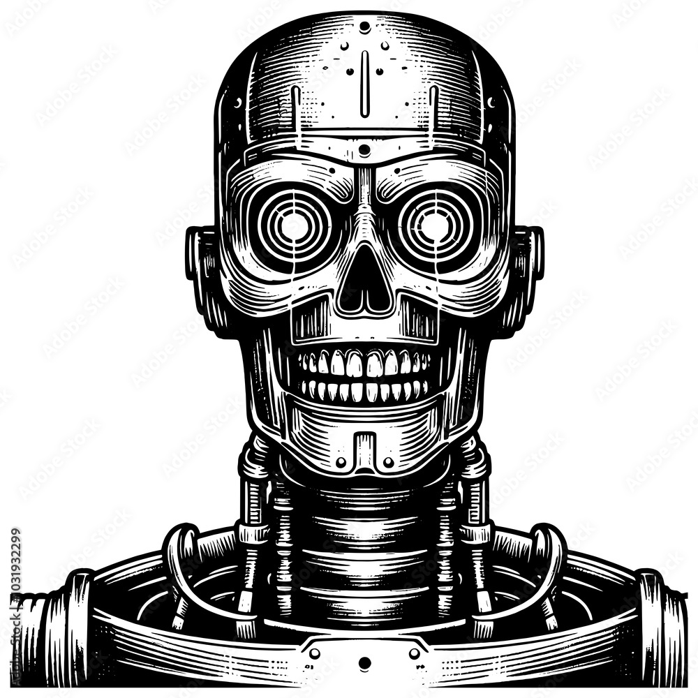 Poster robotic skull with a futuristic design, featuring mechanical details and a menacing appearance sketc