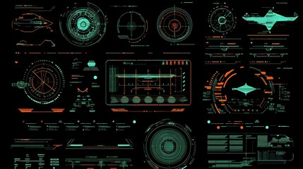 Fototapeta premium Futuristic hud design elements for space ship, drone, or radar interface. Can be used to display virtual reality view in technology monitoring applications. Vector illustration. 