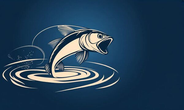 A leaping fish with a hook and line in its mouth, creating ripples in the water.