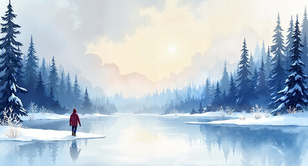 Lone figure standing by a tranquil lake in a snowy landscape at sunrise, surrounded by evergreen trees