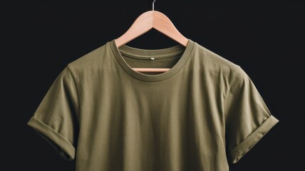 A rack of shirts, green t-shirt hanging on a hanger for mockup, simple olive green plain tee t-shirt hanging on wooden hanger with plain background for summer tee, clothes, apparel, clothing banner 