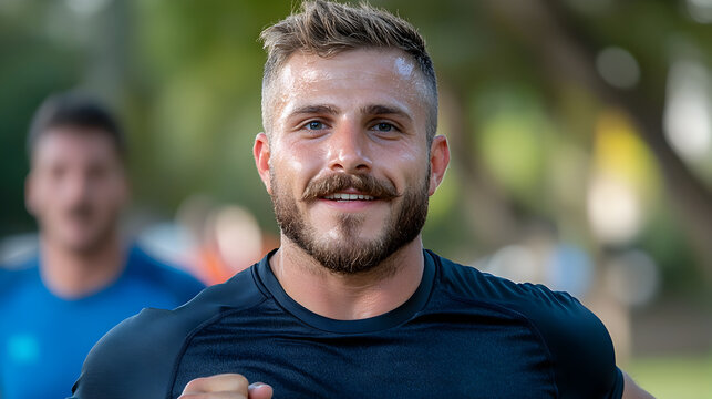 A man with a stylish mustache participating in a sports event to raise awareness for men s health and wellness  He is running or jogging with determination and focus