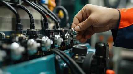 A hydraulic system safety check being performed by an engineer, inspecting all critical components and connections