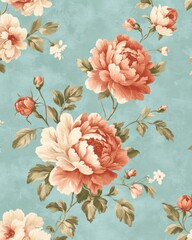 Vintage floral pattern with peonies on teal background