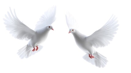 Fototapeta premium Two white doves in flight against a plain background, symbolizing peace and freedom