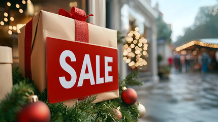Colorful Festive Holiday Sale Banner Featuring Red and Green Colors Displayed in a Store Window to Promote Seasonal Shopping and Special Offers