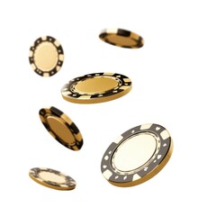 Floating black and gold poker chips in mid-air