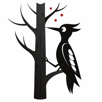 recommend clip art: A woodpecker tapping on a tree silhouette vector illustration on white background