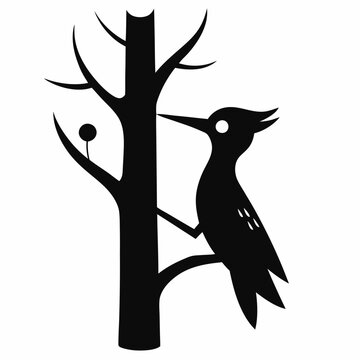 recommend clip art: A woodpecker tapping on a tree silhouette vector illustration on white background