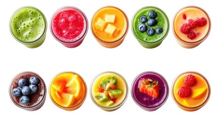 Assorted colorful fruit smoothies in glasses showcasing fresh ingredients and vibrant flavors