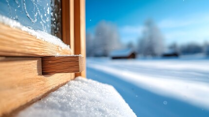 Breathtaking snow covered mountainous landscape viewed through a frost covered glass window creating a serene and enchanting winter scene
