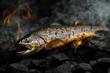 Baked fish on the grill with fire. Grilled fish commercial advertising photo