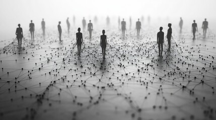 In a misty environment, multiple silhouetted figures stand among complex connections on the ground, suggesting interaction and shared experiences, evoking a sense of connectivity.