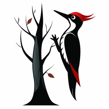 recommend clip art: A woodpecker tapping on a tree silhouette vector illustration on white background
