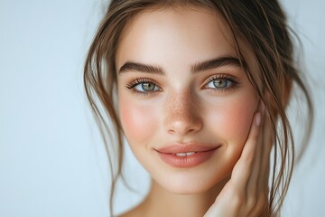 Naklejka premium Young European woman touching her cheek and smiling at camera over white background. Cheek filler treatment, cheekbones lifting concept, Generative AI