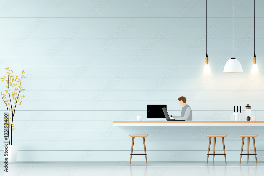 Aufkleber minimalist workspace with user at a modern counter and organic elements for a productive atmosphere