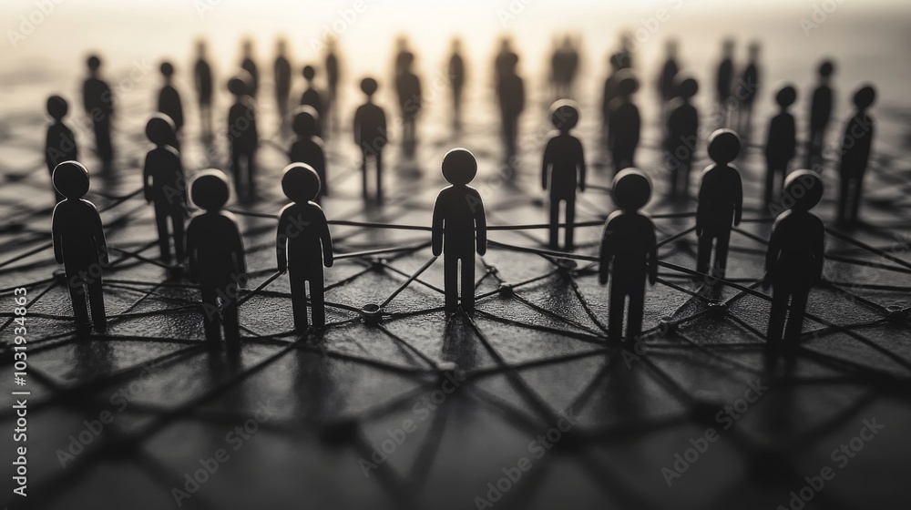 Aufkleber A cluster of silhouetted figures is interconnected on a network grid, representing teamwork and collaboration. This striking visual emphasizes unity in a modern context, highlighting relationships.
