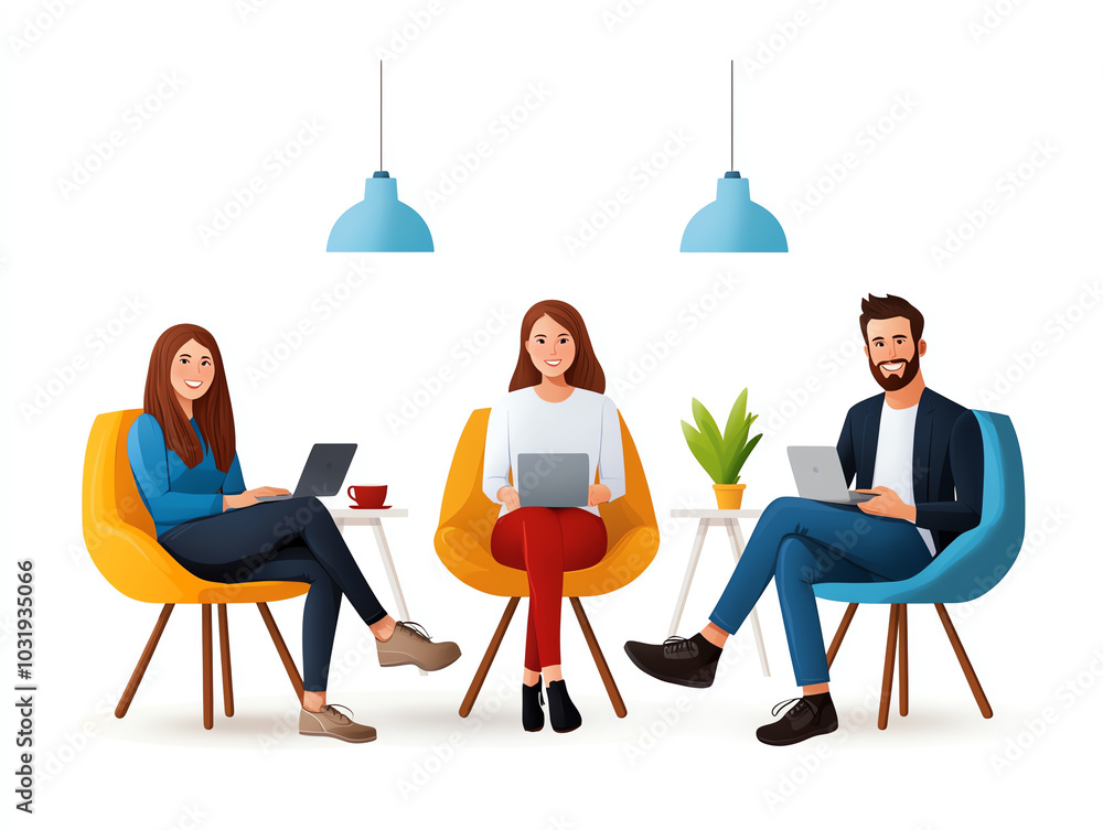 Poster engaging collaborative workspace a modern take on team dynamics with individuals utilizing technolog