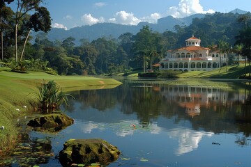 Obraz premium A beautiful scenic view capturing a luxurious mansion by a serene lake nestled amidst lush greenery and rolling hills under a clear blue sky
