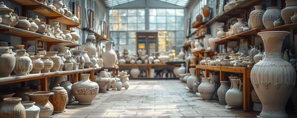 A beautifully organized ceramics studio filled with an array of meticulously crafted pottery pieces displayed on wooden shelves in a sunlit room with large glass windows