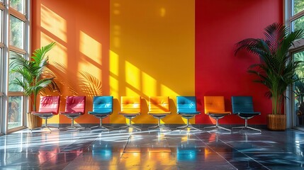 Business Meeting Room, vibrant colors, professional setting, dynamic scenes, inviting