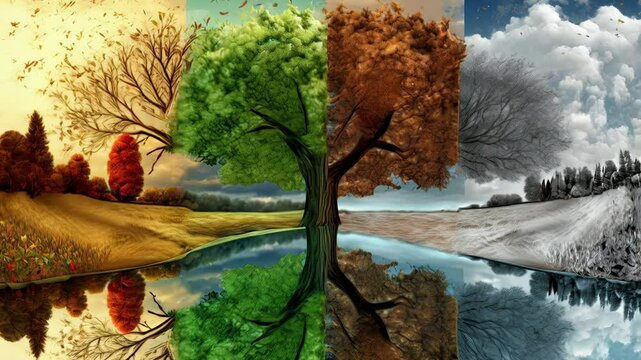 The water of a lake reflected the four seasons in a tree, symbolizing the concept of weather changing and the cycle of nature in time.