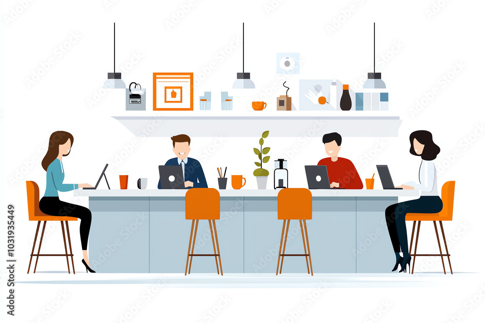 Poster collaborative workspace a digital hub where professionals engage in creative tasks over laptops in a
