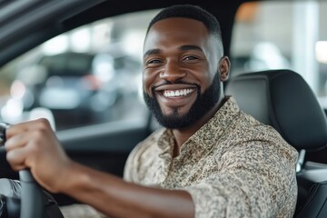 Obraz premium Joyful african american man holding steering wheel shaking fist while sitting in car at car dealership, Generative AI