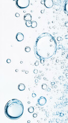 Blue water bubbles and splashes on clean background, aesthetic mockup. Generative AI