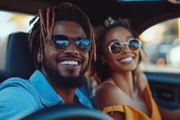 Happy multiracial man and woman going on summer vacation by car, diverse couple sitting inside their new auto, cheerfully smiling looking at road, Generative AI