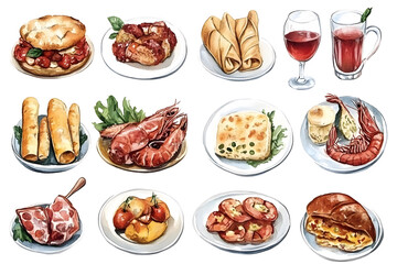 Watercolor collection of Italian food isolated on white background
