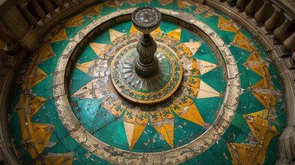 Fototapeta premium An intricately designed colorful mosaic fountain with star patterns on a round tiled platform in a historic architectural setting captured from above