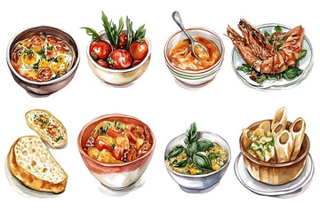 Watercolor collection of Italian food isolated on white background
