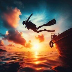 Fototapeta premium Capture the exhilarating moment of a scuba diver leaping into the ocean at sunset. Emphasize the silhouette of the diver, showcasing the fluid motion and grace as they plunge into the shimmering water
