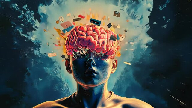 A digital illustration depicting a human brain exploding with colorful pieces, symbolizing an overload of information