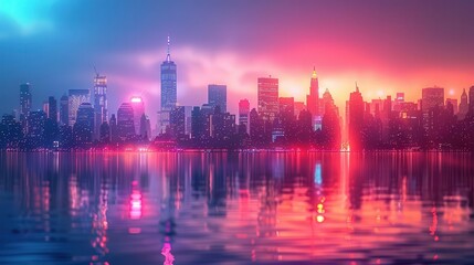 Fototapeta premium City Skyline, vibrant colors, night lights, panoramic view, dynamic