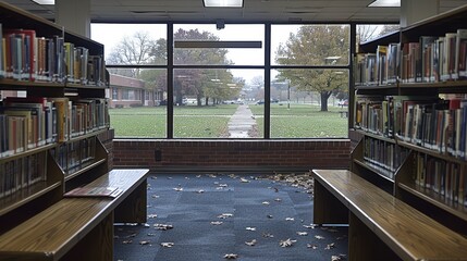 A serene view inside a quiet library, where two rows of bookshelves frame a large window...