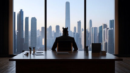 Businessman overlooking city skyline.