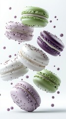 Floating Assortment of Pastel Macarons with Detailed Textures and Sprinkles