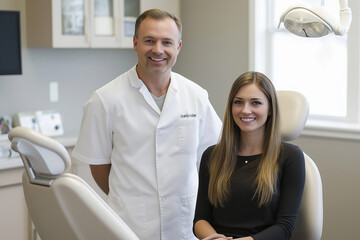 Obraz premium A man and a woman are posing for a picture in a dentist's office