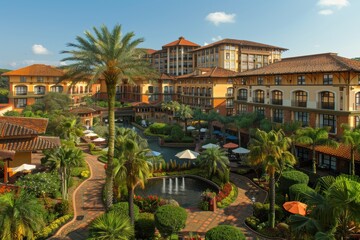 Obraz premium This stunning architectural masterpiece showcases a luxurious resort design seamlessly integrated with lush tropical landscaping under a clear blue sky