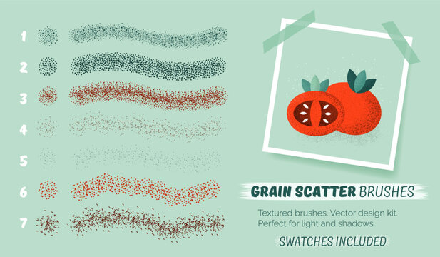 Grain scatter brushes set. Abstract grunge textures. Vector design kit for creating noise effect, grunge and grainy texture, paint splash, halftone. Swatches included. Editable size and color.