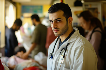 Fototapeta premium A man in a white lab coat stands in front of a group of people