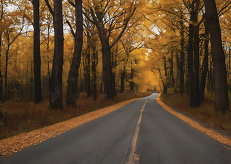 Fototapeta premium carretera de otoño con arboles amarillos, autumn roadside path with orange trees