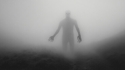 A ghostly figure emerges from the fog, beckoning with a skeletal hand.