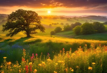 Obraz premium vibrant sunrise over lush fields brimming bounty rich vegetation, bloom, flowers, sunlight, nature, landscape, colors, agriculture, crops, beauty, morning