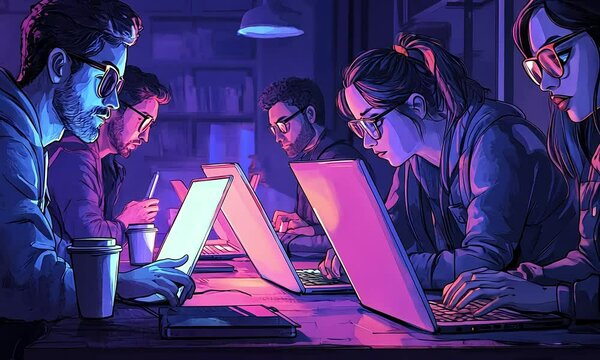 Focused team working on laptops in dark room illustration cartoon with ai generated.

