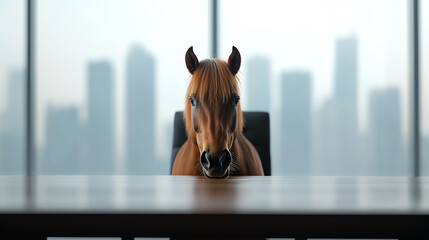 Horse head in office setting, modern background