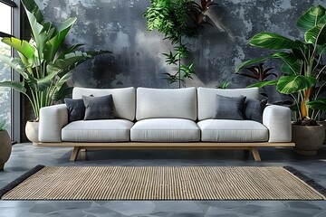 Modern Minimalist Living Room with White Sofa and Lush Indoor Plants