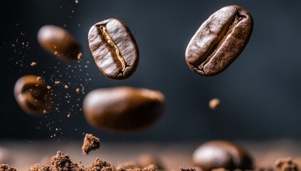 Obraz premium Close-Up of Coffee Beans Suspended in the Air with Particles and Dirt on Their Surface